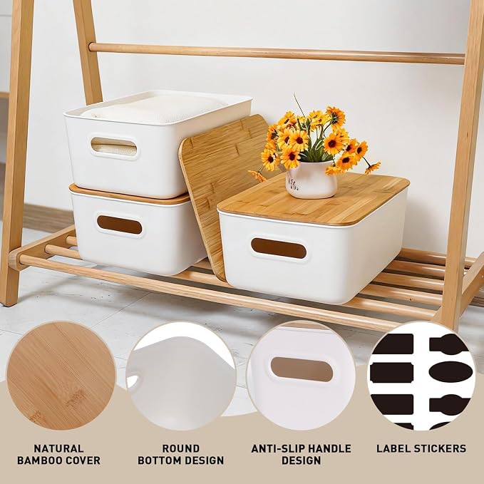 Citylife Storage Bins with Bamboo Lids 16QT Plastic Storage Containers Stackable Organizer Boxes with Handle for Desk Snacks, Toys, 4 PCS, 15" L x 10.6" W x 5.8" H - Image 4