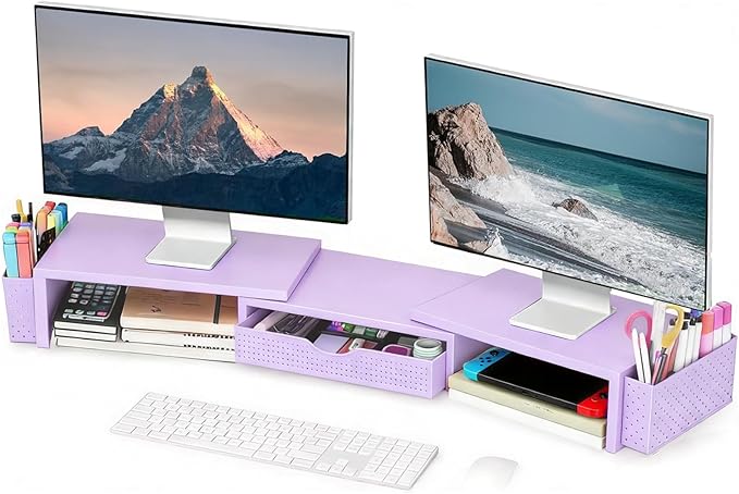 Spacrea Metal Desk Organizers and Accessories, Dual Monitor Stand Riser with Drawer and 2 Pen Holders, Desk Accessories & Workspace Desktop Organizers for Office Supplies (Purple) by Spacrea