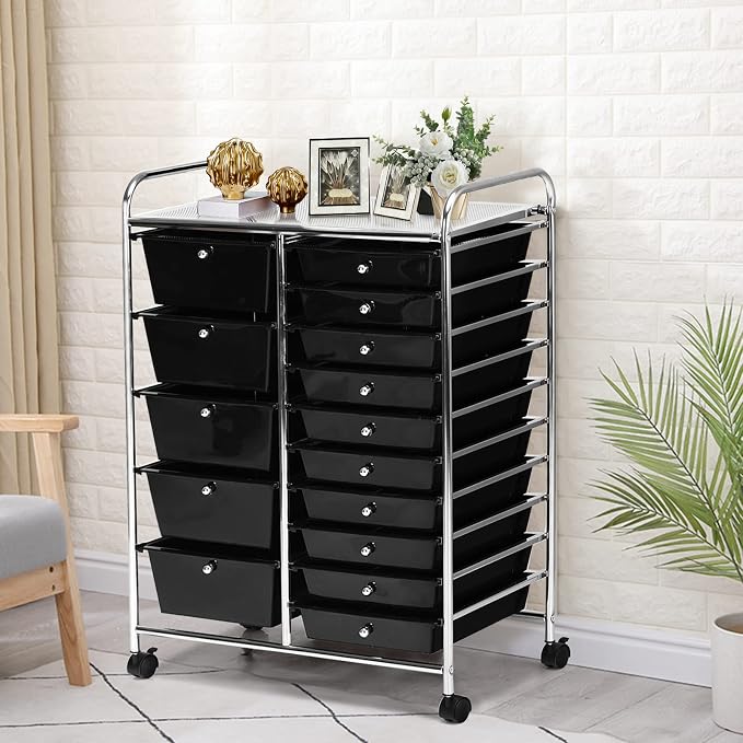 COSTWAY 15 Drawer Rolling Storage Cart, Mobile Storage Organizer | Removable Drawers & Metal Frame, Multipurpose Utility Tools Paper Organizer on Wheels for Home, Office (Black) - Image 8