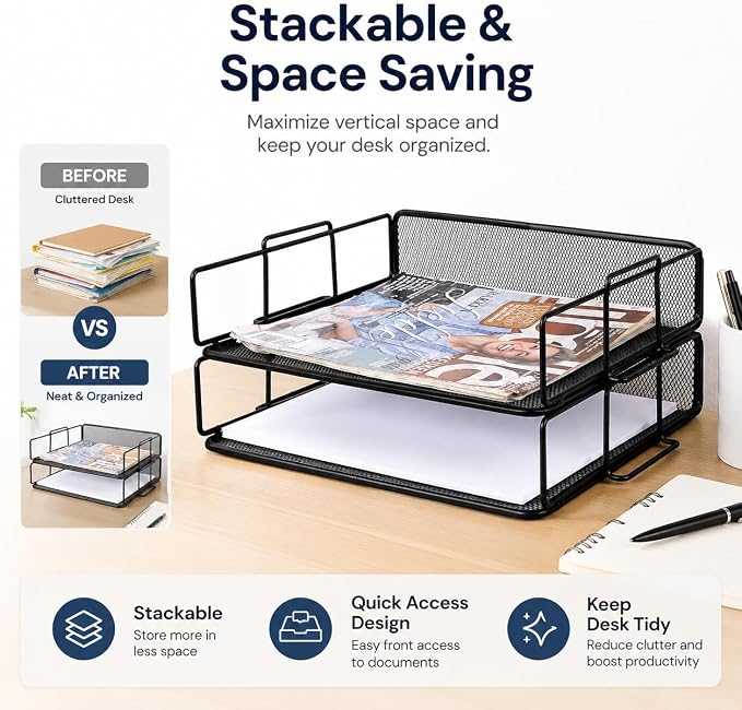 Exerz Letter Trays Stackable Paper Sorter/Desk Organiser/File Tray for Desk - Wire Mesh Metal File Rack - Office, School, Home Study (Black 2pcs) | Two Tier Metal Mesh Stackable Saves Desk Space Holds A4 Papers Folders Notebooks Magazines For Office Ho... - Image 6