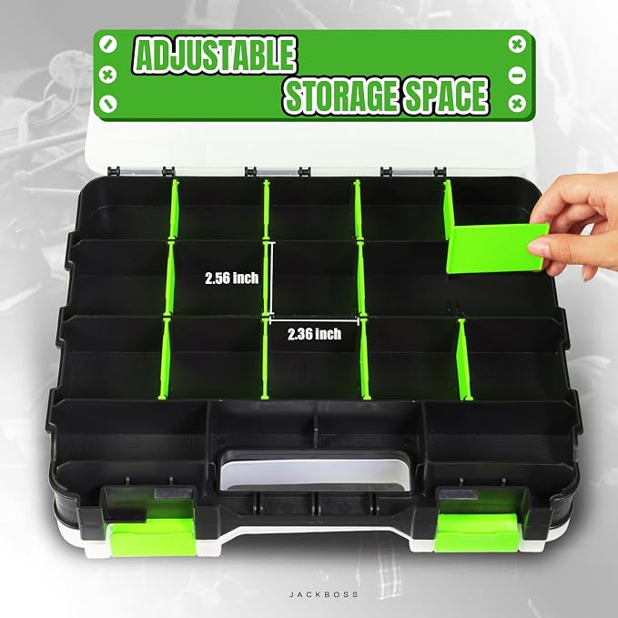 Jack Boss Tool Box with Transparent Lid, Double Side 34-Compartments Organizer Box with Removable Dividers for Hardware, Screws, Bolts, Nails, Beads, Jewelry and Fishing Accessories, Green, 1 Pack - Image 3