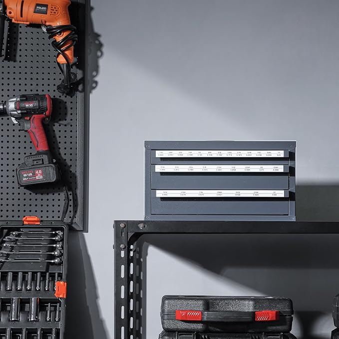 VEVOR Drill Bit Dispenser Cabinet, Three-Drawer Drill Bit Dispenser, Drill Bit Organizer Cabinet, Drill Dispenser Organizer Cabinet for Jobber Length Fractional Size 1/16" to 1/2" in 1/64" Increments - Image 2