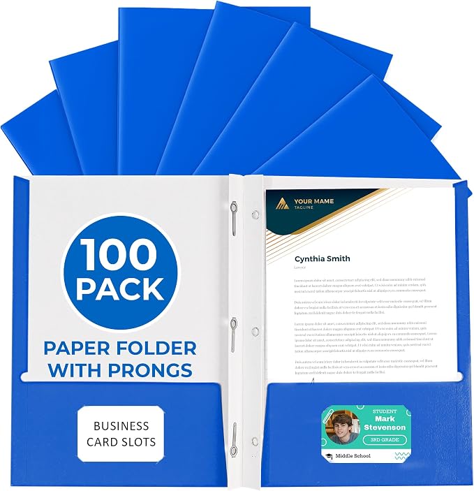 100 Pack Blue 2 Pocket Paper Folders. EPI Heavy Duty, Bulk Folders with Pockets, Prongs and Business Card Slots. Letter Size Document Organizers. Durable Portfolio for School, College, Office Files by EPI