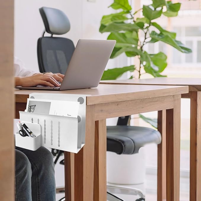 Desk Side Storage,2 Tier Steel Hanging Organizer,No Drill Side Desk Organizer, Laptop Holder with Pen Holder,Office Home Hanging Table Storage For Edge Tables 0.3" to 2.8"(White) - Image 8