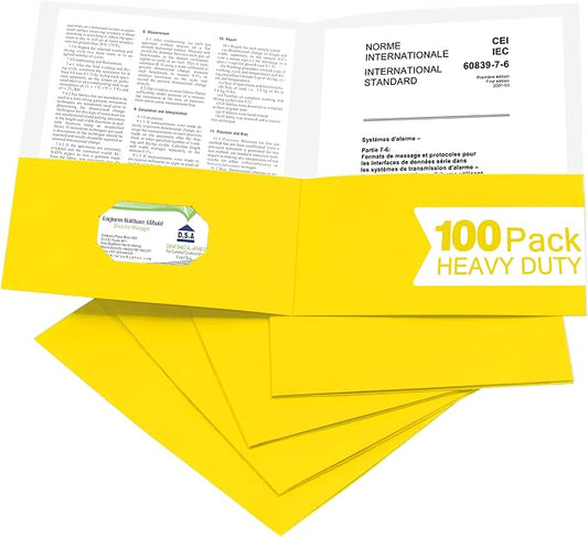 Zzrywuty 100 Packs Yellow Two Pocket File Folders with Business Card Slot,Textured Paper,Letter Size,Holds 100 Plus Sheets for School,Office,Business by Zzrywuty