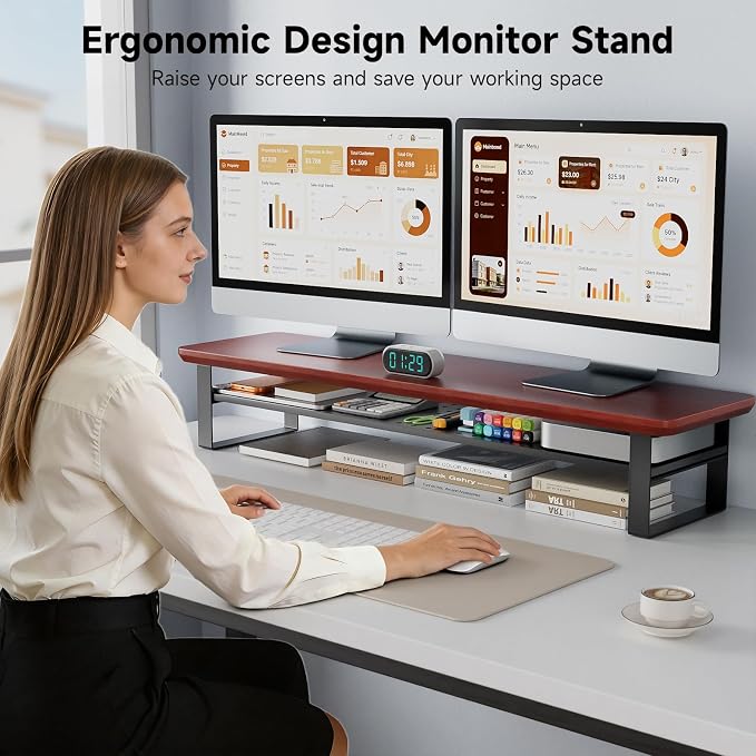 Dual Monitor Stand, 35.4 Inch Monitor Stand Riser for 2 Monitors, 2 Tiers Wood Desk Shelf with Storage, Desktop Organizer Stand for Computer, Laptop, Printer, TV - Image 6