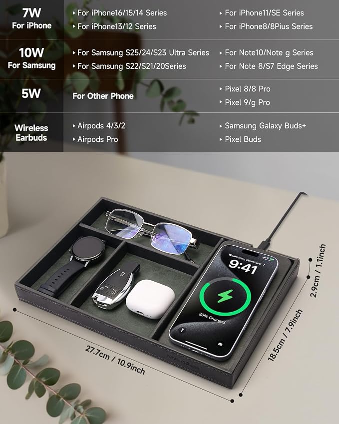 Valet Tray, Built in Wireless Charging Pad, Nightstand Organizer, Two-Toned Premium Vegan Leather Desk Bedside Caddy Organizer Tray for Keys, Watch, Wallet, Jewelry (Black+Green) - Image 2