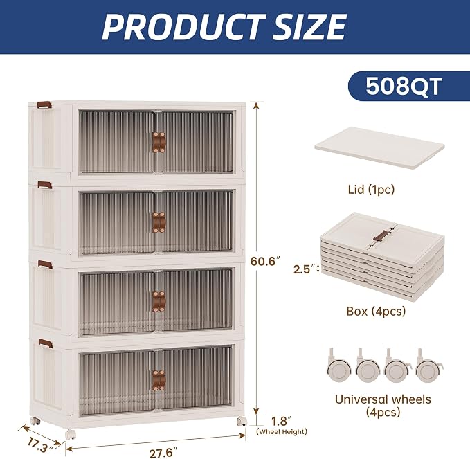 SAILUN 580Qt Stackable Storage Bins,Storage Cabinet a Lid,4Pack Blush White | Stackable Storage Drawers with Lids,28" W x 17" D x 61" H,Featuring open-front Access for Clothes and Closet Storage - Image 6