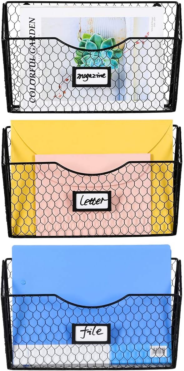 3 Pockets Hanging File Holder Wall Mount Mail Organizer Metal Chicken Wire Magazine Rack with Tag Slot, Black by PAG