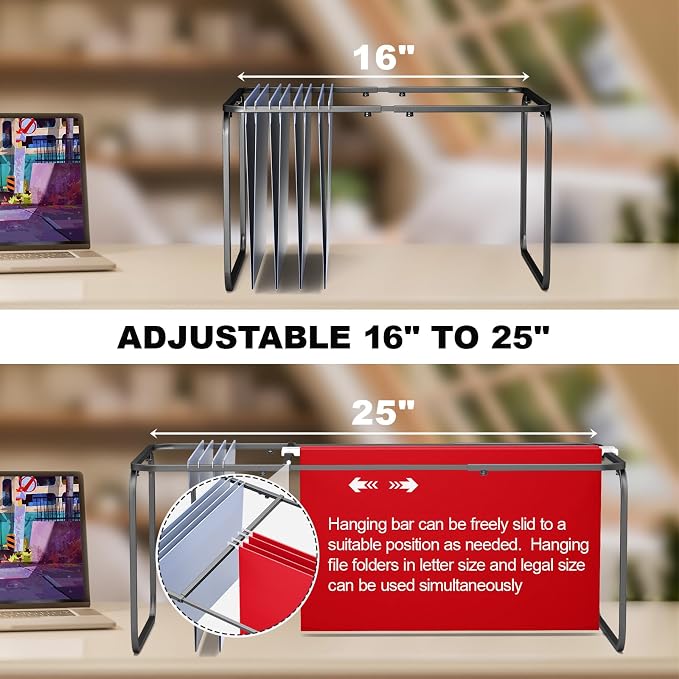 2 Sets Upgraded Adjustable Hanging File Folder Frame,Legal/Letter Size,Length Adjusted 16 to 25 inches,Heavy Duty Steel File Drawer/Cabinet Organizer Insert, Hanging Folder Holder,12.598" W X 9.45" H - Image 2