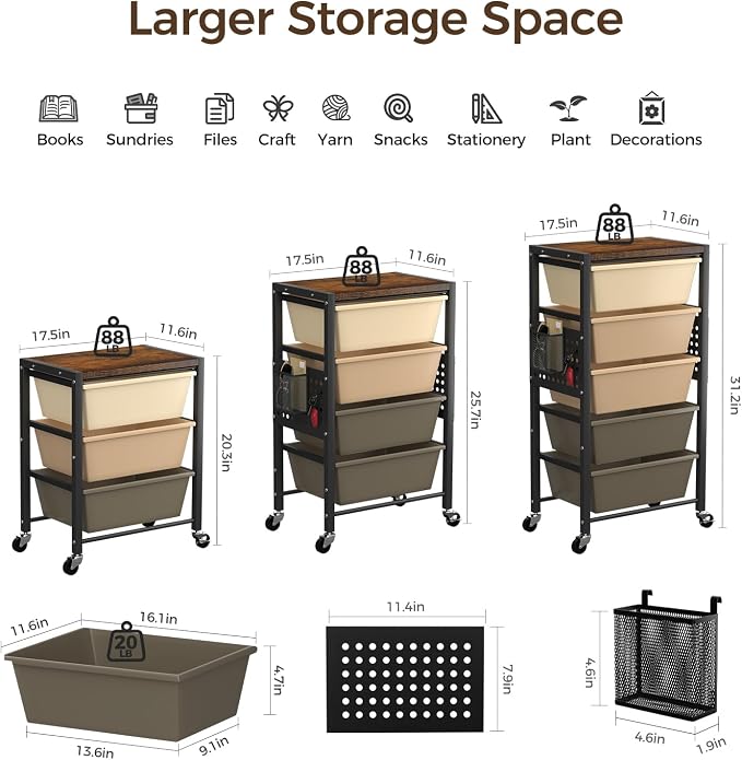Rolling Cart with 3 Drawers, Plastic Drawer Storage Carts with Lockable Wheels & Wooden Tabletop, Metal Utility Cart Organizer, Office Bedroom Classroom Craft Organization and Storage, Dark Brown - Image 3