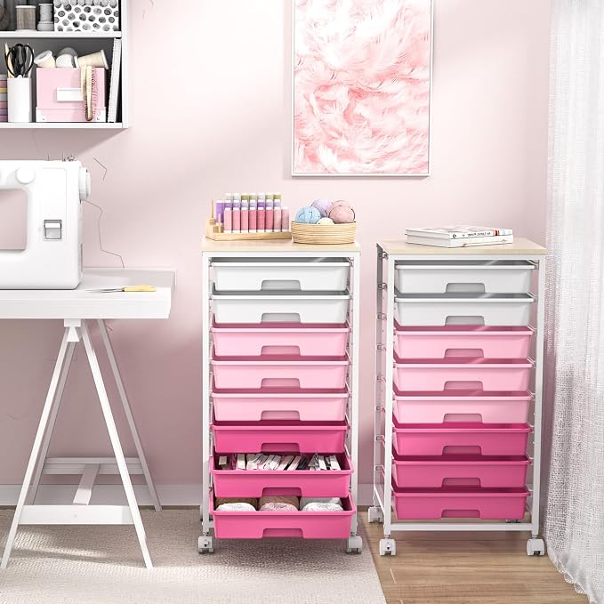 SYKIARIOL Rolling Cart with Drawers,Utility Cart with 8 Drawers,Rose Pink | Craft Organizers and Storage Cart with Wooden Tabletop for Living Room,Classroom, Bedroom,Dorm,Home Office - Image 7