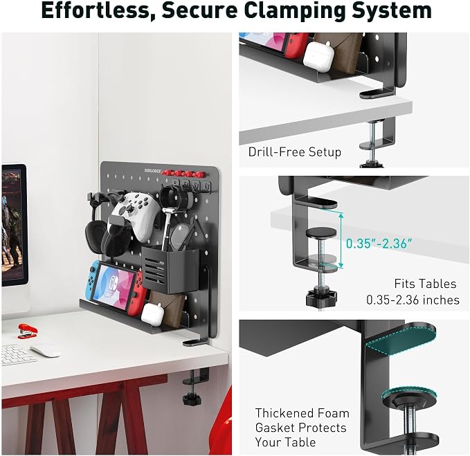 Clamp on Desk Pegboard 16.5"x12.6", Black Heavy Duty Steel Desktop Organizer with 4 Magnet Pins, No-Drill Metal Peg Board Mount for Office & Gaming, Horizontal/Vertical - Image 4