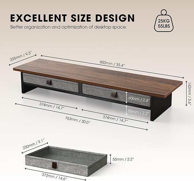 Fenge 35 Inch Monitor Stand with Drawer Storage, Computer Riser for Desk | Wooden Computer Shelf, 2 Tiers, for Dual Monitor/Laptop/PC/TV/Printer up to 55Lbs, Home Office Desk Organizer - Image 5