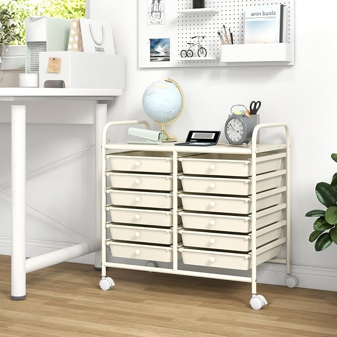 GOFLAME 12-Drawer Rolling Storage Cart, Multifunctional Art Craft Organizer Cart, Mobile Utility Storage Cart with Removable Drawers & Lockable Wheels, Craft Cart for Home Office School, White - Image 4