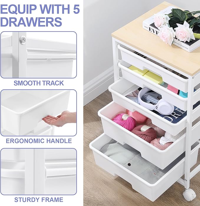 SYKIARIOL Rolling Cart with Drawers, 5 Drawers Utility Cart, Bright White | 5-Tiers Storage Cart with Drawers with Wooden Top for Craft Organizers and Storage,Home Office,Classroom,Dorm - Image 4