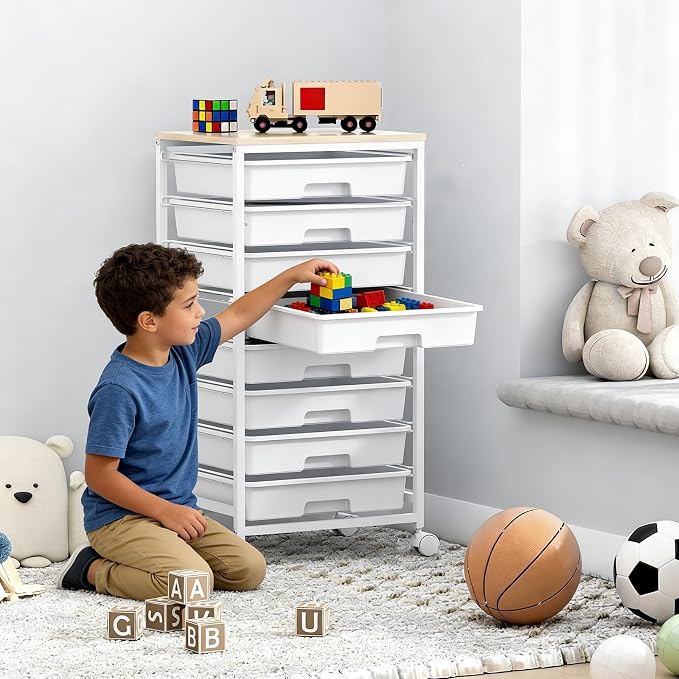 SYKIARIOL Rolling Storage Cart with Drawers, 8 Drawers Utility Cart,White | Rolling Drawer Cart with Wooden Tabletop,Storage Drawer Cart for Living Room,Classroom,Bedroom,Dorm,Office - Image 3