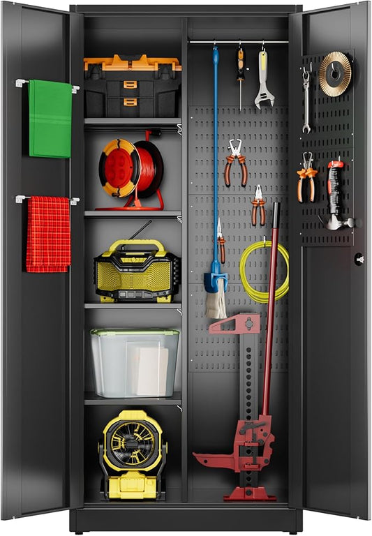Broom Closet Storage Cabinet with 5 Pegboard, Hanging Rod &13 Hooks, Utility Metal Garage Storage Cabinets with Doors and 4 Shelves for Garage Home Storage, Black,71.5" H x 34" W x 17" D