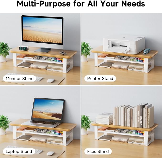 Monitor Stand Riser, 24 Inch Computer Monitor Stand for Desk, 2-Tier Wood Desk Shelf Organizer with Storage, Desktop Stand for Laptop/Screen/PC/Printer, Ergonomic Home Office Monitor Stand - Image 7