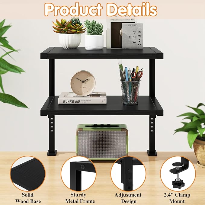IBUYKE Clamp on Desk Organizer Shelf,Desk Extender Shelves TMZ007B | 12.9 inches,2-Tier Adjustable Storage Shelves, Above or Below Desk, for Desktop Accessories,Black - Image 7