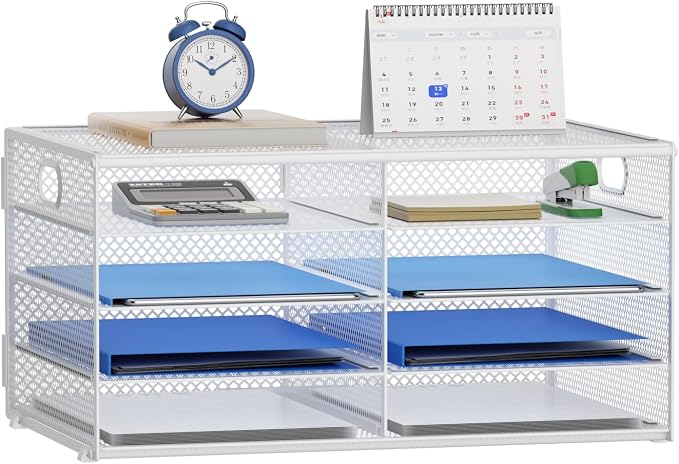 Lavatino 8 Compartments Paper Organizer for Desk, Mesh Literature Organizer, Mail File Sorter Tray with Handle, Desktop Mailbox for Office Classroom Home, White by Lavatino