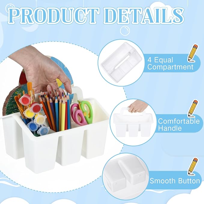 WILLBOND 12 Pcs Classroom Storage Caddies Stackable Utility Caddies with 4 Compartment Plastic Caddy with Handle Portable Storage Bins Organizers for Kids Schools Art Craft Supplies(White) - Image 5