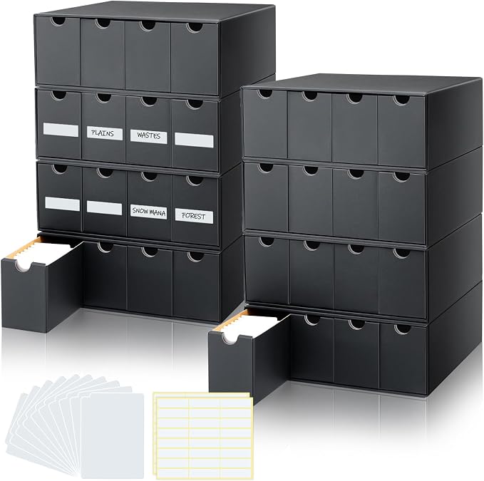 Cholemy Trading Card Storage Box Card Organizer 15000+ with 70 Cardboard Storage Divider, Label Sticker for Collection Compatible with Tcg, Sport Cards(8 Row, 4 in A Row,Black) by Cholemy