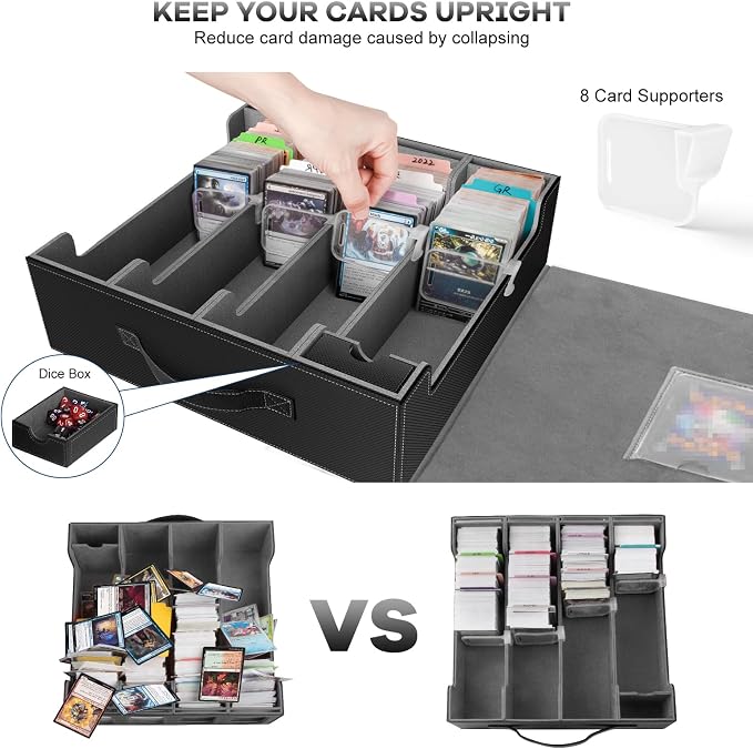 3200+ Trading Card Storage Box with Commander Display, 4 Row Card Deck Box with Portable Handle, Compatible for TCG/MTG/Magic Cards, 30 Colorful Divider, 8 Supporters, US Design Patent (Black&Grey) - Image 6