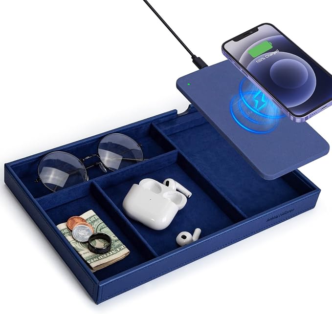 Valet Tray, Built in Wireless Charging Pad, Nightstand Organizer, Bedside Organizer, Mens Jewelry Box, Everyday Carry Tray for Men and Women -Blue by wirelessfuturecharger