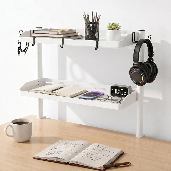 Clamp on Desk Shelf White, 2-Tier Office Desk Shelves Organizer, 17in Small Shelf for Top of Desk with Headphone Holder, Hooks, Desktop Storage Rack for Home Workspace, Study Rooms, Gaming Accessories - Image 3