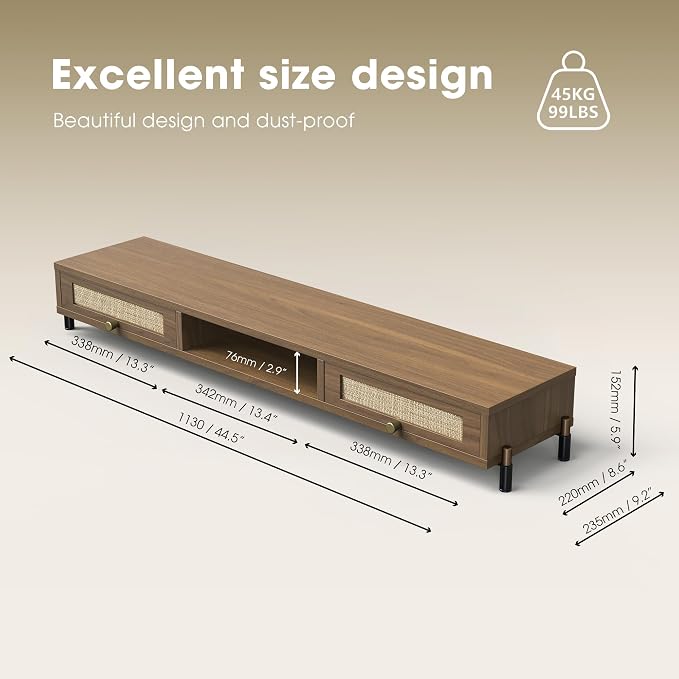 Fenge Dual Monitor Stand, Wooden Riser With Rattan Woven Flip Drawers | 2-Tier Monitor Riser, 42.5in Long Desk Shelf for 2 Monitors, Vintage Computer Stand for Laptop, Printer, TV, Brown - Image 4