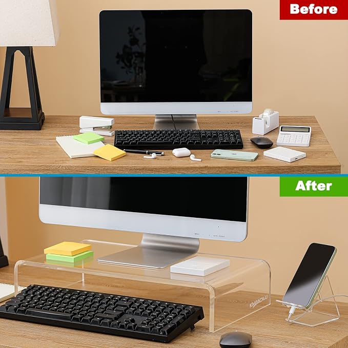 16"x8"x4" Acrylic Monitor Stand, Clear Laptop Riser with Bonus Phone Stand | KMANDLU Clear Premium Acrylic Computer Stand, Ergonomic Monitor Riser & Desk Organizer Shelf for Office, Home, Printer, TV - Image 4