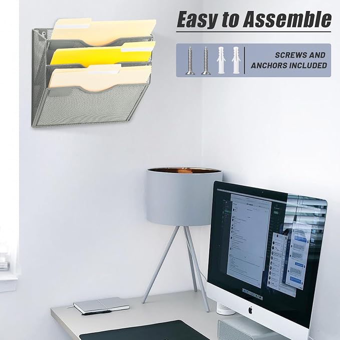 3 Pocket Mesh Hanging Wall File Organizer, Wall Mounted Mail Paper Document Folder Holder, Clipboard Storage Organization Magazine Rack with Nametag Label for Office Home School, Gray - Image 6