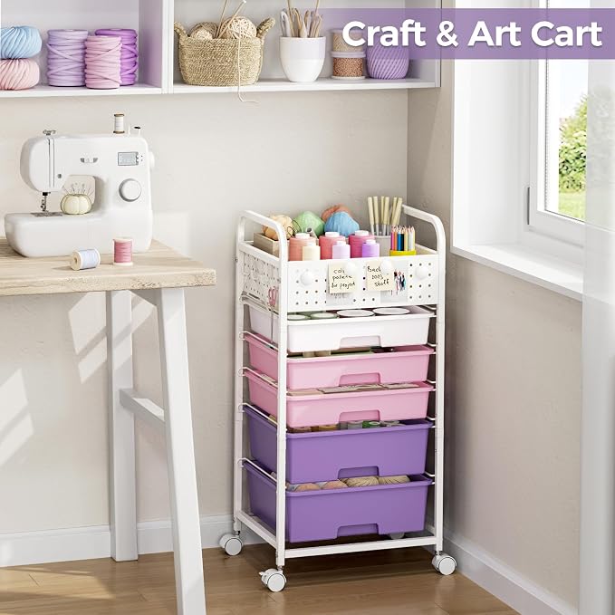 5 Drawer Rolling Storage Cart with Pegboard Top and Hooks, Dreamy Color | Mobile Organizer Cart with Wheels for Office Supplies, Craft Storage, Classroom Organization, Home Utility Cart - Image 7