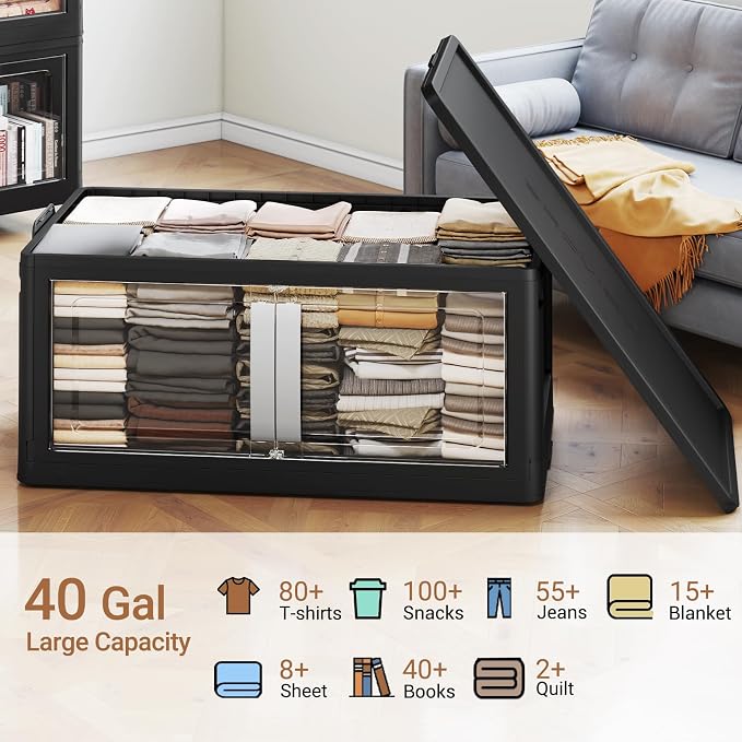 BROVIEW 160QT Stackable Storage Bins with Lids, 40Gal Extra Large Collapsible Storage Box with Wheel, Plastic Storages with Clear Door Open Front for Home Kitchen Garage, Black-1pack - Image 8