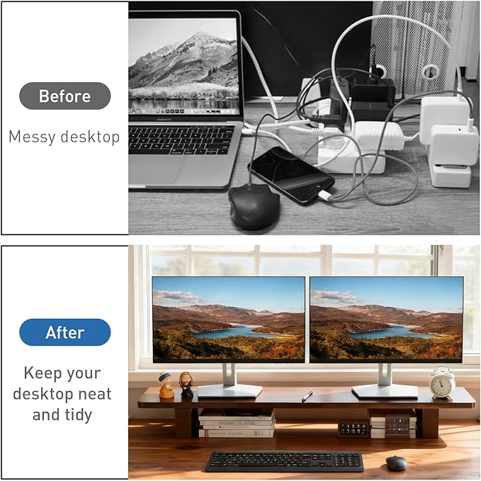 Dual Monitor Stand Riser, 47Inch Solid Wood Desktop Organizer with Non-Slip Pads, Holder for 2 Monitors, Laptops, TV, PC, Printer, Walnut Finish - Image 6