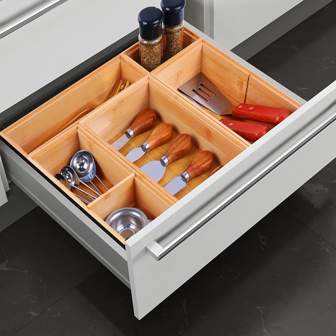Bamboo Drawer Organizer,5 PCS Silverware Organizer & Kitchen Organizers and Storage,Utensil Drawer Organizer With Removable Dividers for Kitchen,Utensils,Bathroom,Office,Makeup(Natural) - Image 5