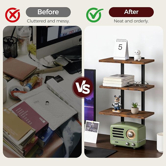 MAHANCRIS Clamp On Desk Organizer, 3-Tier Desktop Bookshelf, Adjustable Desk Storage Shelf, Metal Frame, for Office, Study and Game Room, Rustic Brown DSHR3601 - Image 7