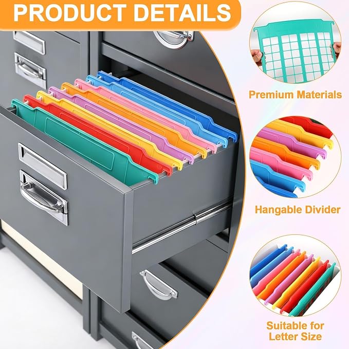 party greeting 8 Pack File and Folder Dividers 9.4x12.7 InchPlastic Hanging Filing Cabinet Dividers Organizers Insertable File Separators Supplies for Office Drawer Organization (Rainbow) - Image 3