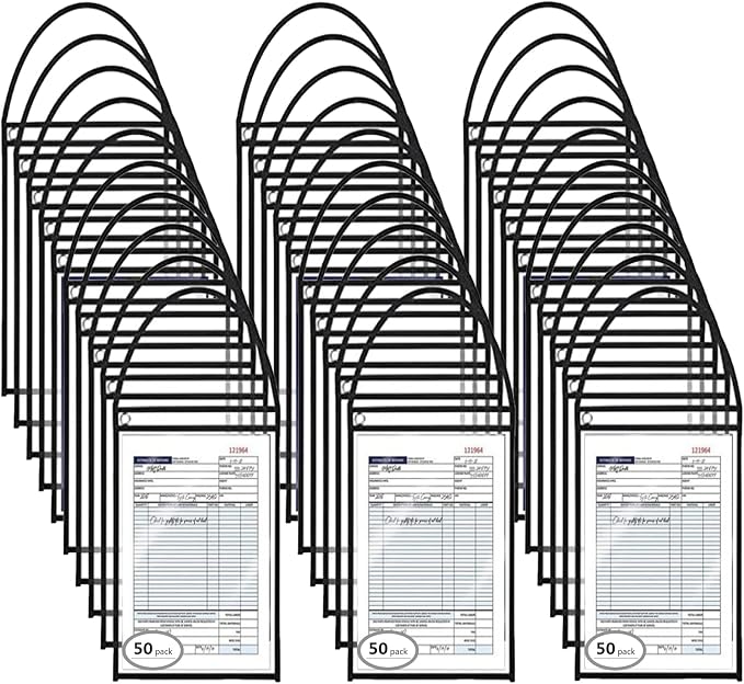 Shop Ticket Holders Job Ticket Pockets Dry Erase 50 Pack Clear | 9x12 Inch Work Order Plastic Sleeves, Hanging Strap, Both Sides Clear Heavy Duty PVC Sheet Protectors, Office School Supply by Merkaunis