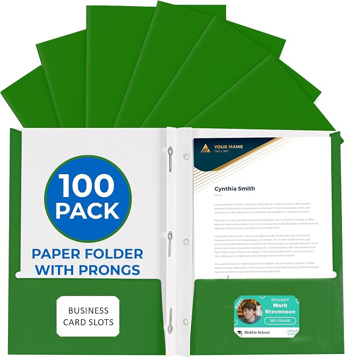 100 Pack Green 2 Pocket Paper Folders. EPI Heavy Duty, Bulk Folders with Pockets, Prongs and Business Card Slots. Letter Size Document Organizers. Durable Portfolio for School, College, Office Files by EPI
