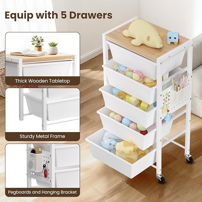 Rolling Cart with 5 Drawers, Plastic Drawer Storage Carts with Wheels & Wooden Tabletop, Metal Utility Cart with Pegboards, Office Living Room Classroom Craft Organization and Storage, Bright White - Image 5
