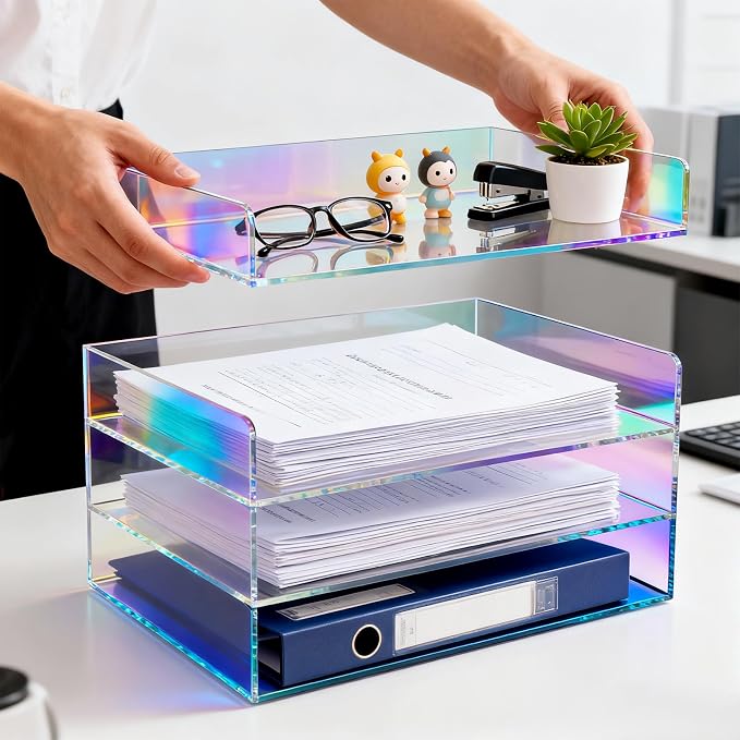 Gelite Acrylic File Organizer for Desk 4 Tiered Stackable Letter Tray Office Paper Storage Desktop Document Sorter, Iridescent - Image 3