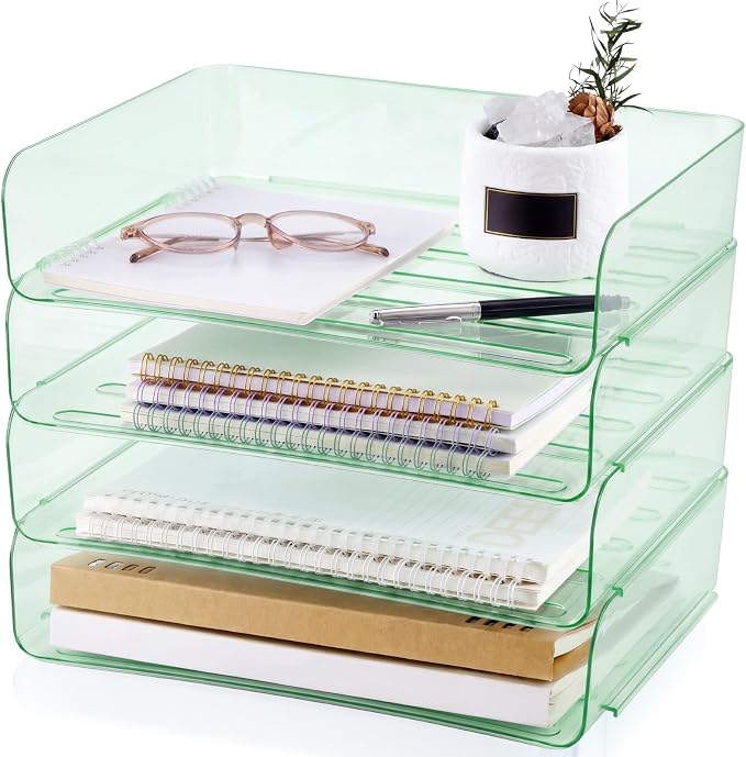 Harloon 4 Tier Clear Sage Green Acrylic Paper Organizer Letter Tray, Aesthetic Stackable Desk File Organizer Paper Holder Office Tray for A4, Modern Office Classroom Home File Pad Books Notes by Muasung