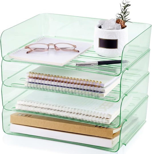 Harloon 4 Tier Clear Sage Green Acrylic Paper Organizer Letter Tray, Aesthetic Stackable Desk File Organizer Paper Holder Office Tray for A4, Modern Office Classroom Home File Pad Books Notes by Muasung