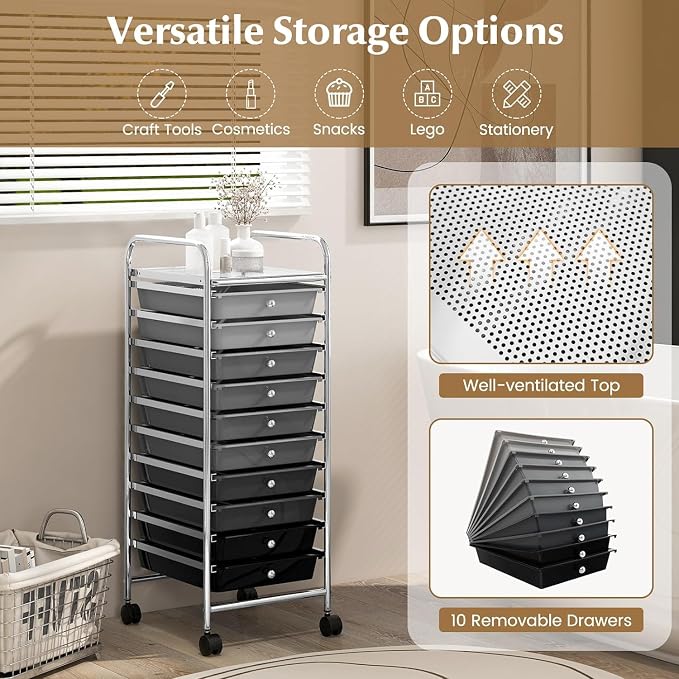 Storage Cart, Rolling Utility Cart with 10 Drawers, Portable Handles & Lockable Wheels, Mobile Paper Toys Storage Organizer Large Capacity for Home Office School Teacher (Gradient Black) - Image 6