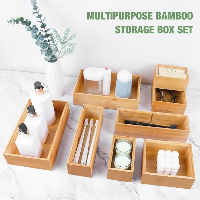 Bamboo Drawer Organizer Set, 8 PCS Multi-Use Wood Drawer Storage Boxes, Junk Drawer Organizer Divider Bins for Kitchen, Bathroom, Office Desk, Makeup, Jewelry, Utensils - Image 6