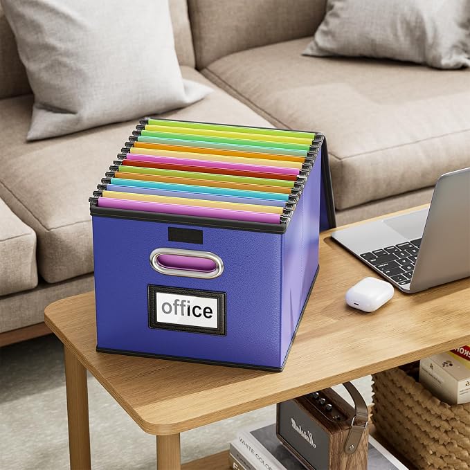 File Organizer Box with Lids, Collapsible File Folder Organizer | File Box with Plastic Slides for Document, Filing Bin for Letter Size Hanging File Folders (4 Pack, Navy Blue, Leather) - Image 5