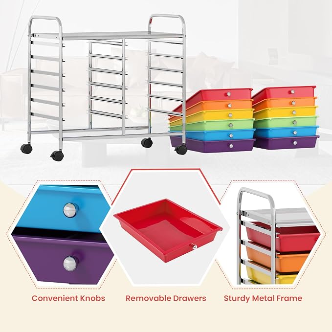 GOFLAME 12-Drawer Rolling Storage Cart, Multifunctional Art Craft Organizer Cart, Mobile Utility Storage Cart with Removable Drawers & Lockable Wheels, Craft Cart for Home Office School, Multicolored - Image 6