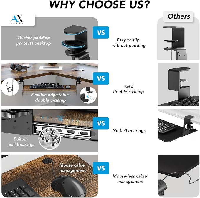 Keyboard Tray Under Desk Pull Out with Extra Sturdy C Clamp Mount System, 27.3 (32.5 inch Including Clamps) x 11 Inch Slide-Out Platform Computer Drawer for Typing Vintage AX01WG02 - Image 3